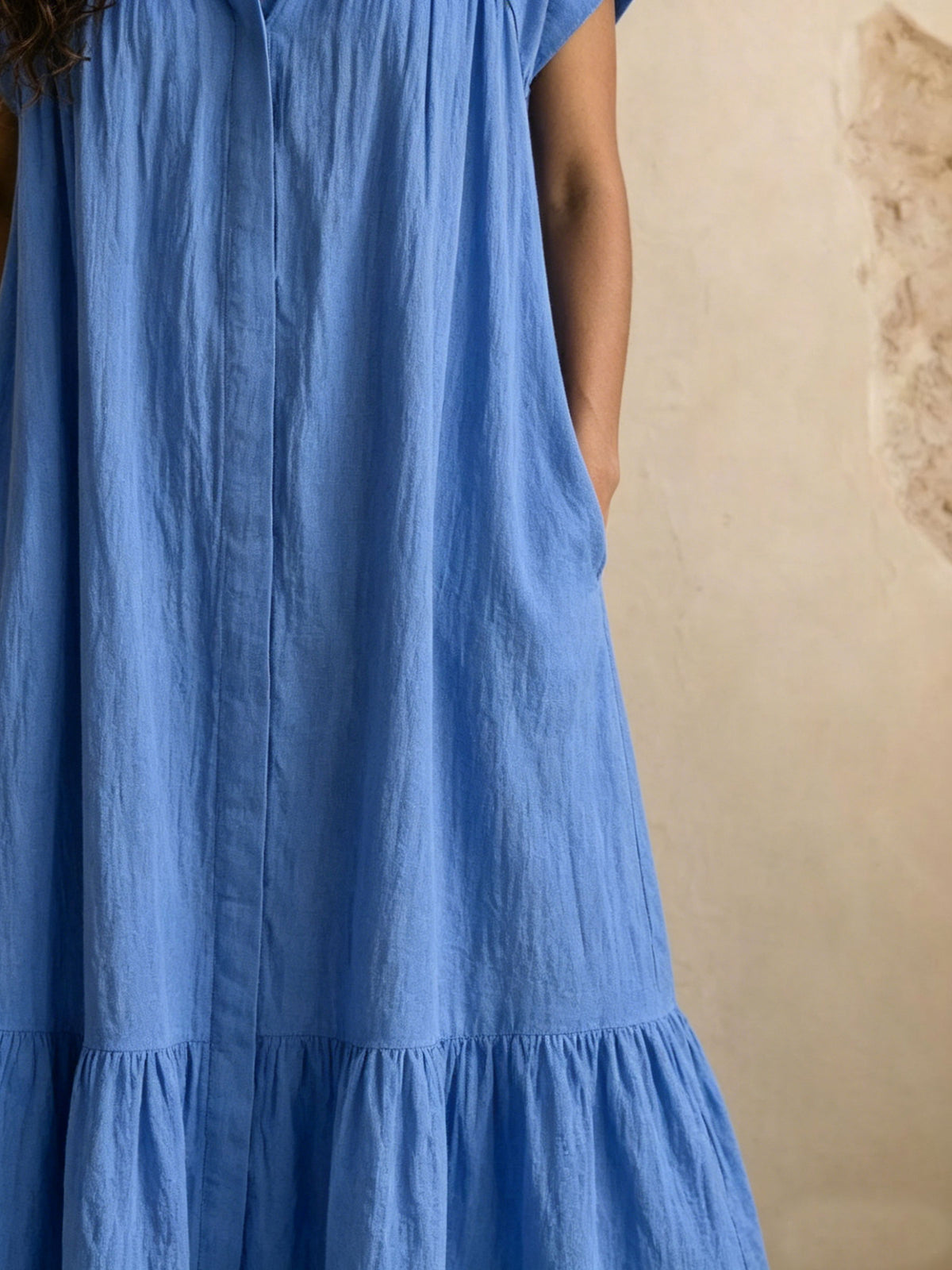 Vestido largo informal de algodón de manga corta con bolsillo inferior para mujer