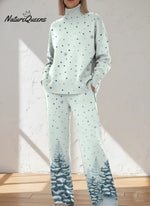Women's Christmas Tree Pattern Art Print Casual Knitted Cotton Top Pants Suit