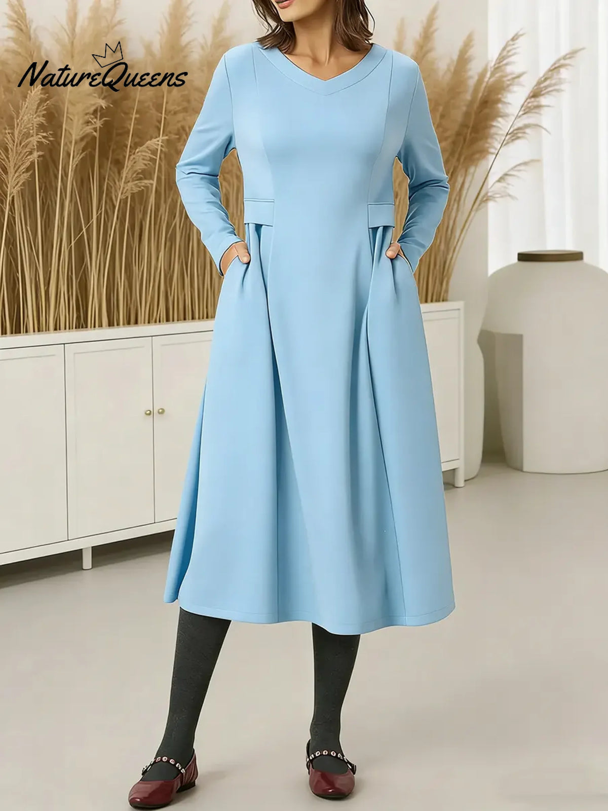 Women's Solid Color V-neck Long Sleeve Casual Loose Knit Dress
