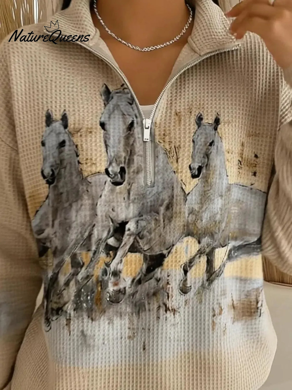 Retro Horse Racing Print Stand-collar Waffle Knit Sweatshirt