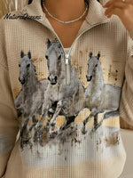 Retro Horse Racing Print Stand-collar Waffle Knit Sweatshirt