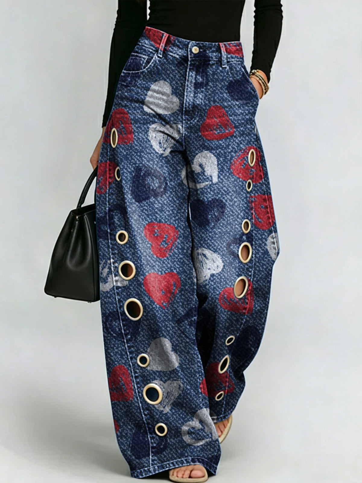 Heart-graffiti Print, Metal Eyelet, Curved-seam Wide-leg Jeans