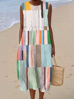 Women's Vintage Geometry Art Print Sleeveless Cotton Pocket Wrap Dress