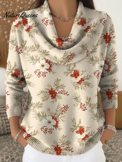 Women's Floral Art Print Cowl Neck Sweater
