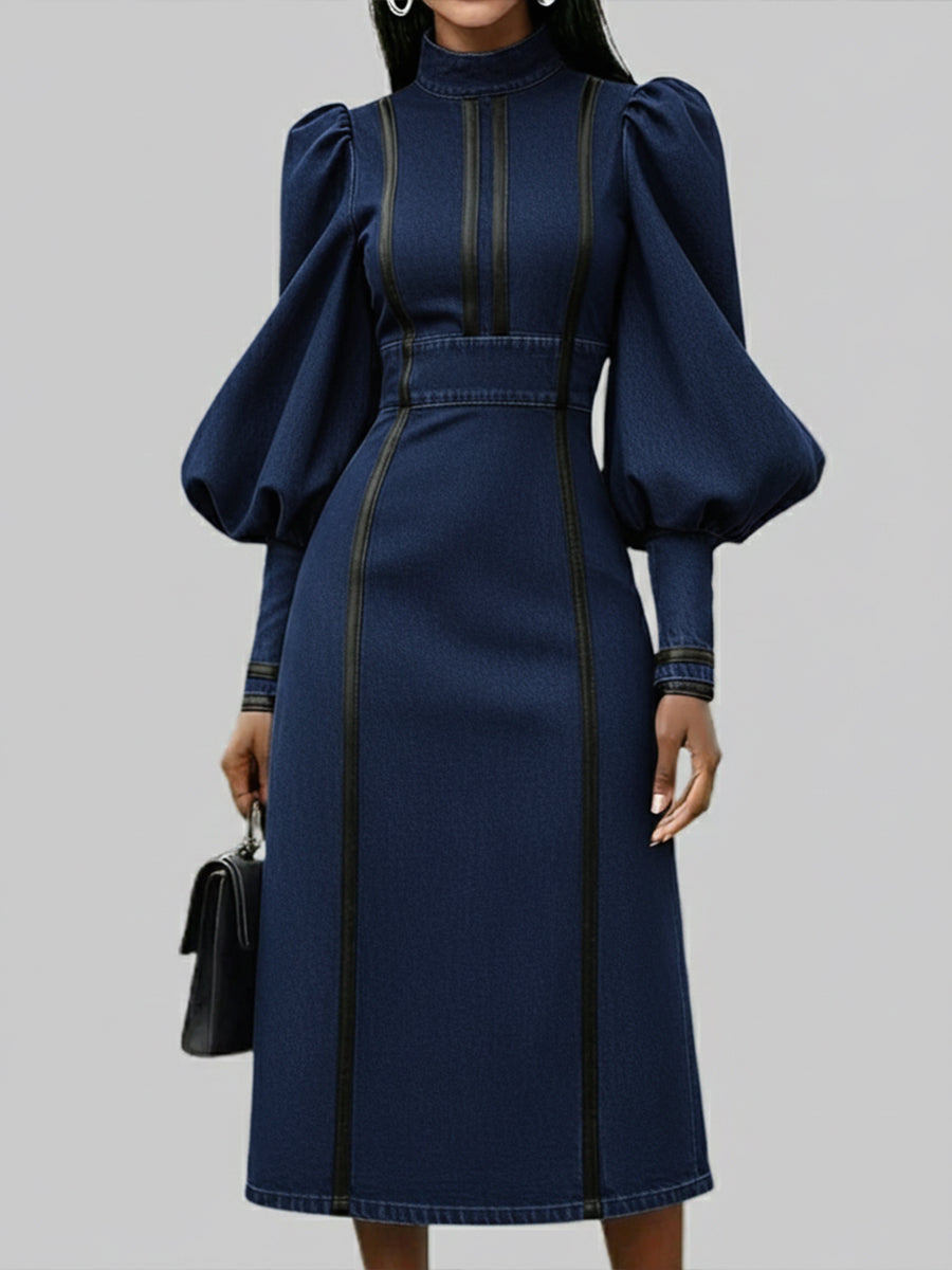 Fashionable Patchwork Leather Lantern Sleeve Denim Dress