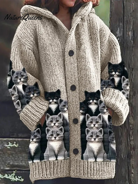 Women's Funny Cats Pattern Art Print Casual Fleece Coat