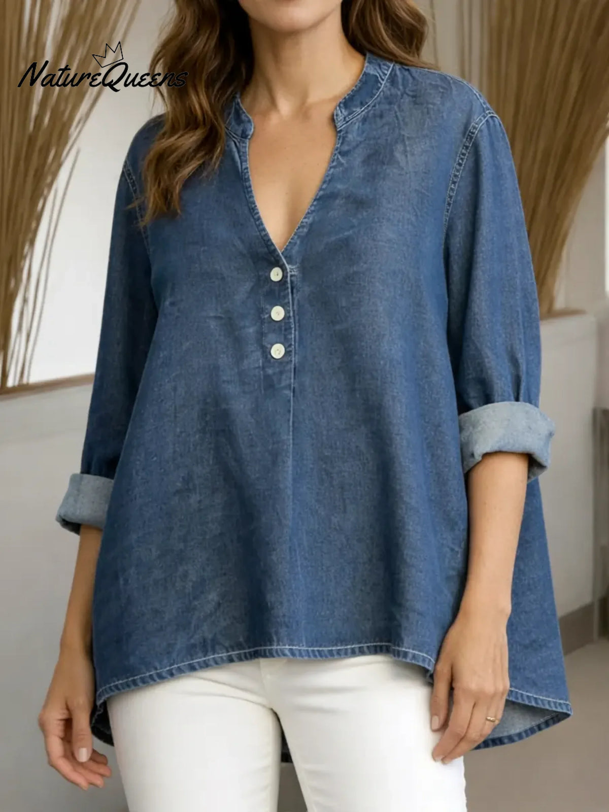 Women's V-neck Long-sleeved Casual Loose Denim Top