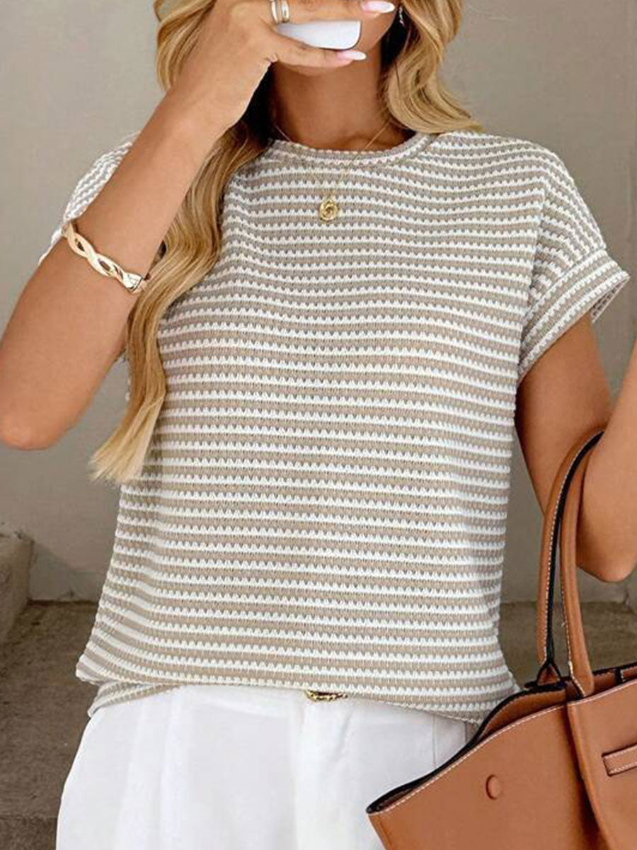 Women's Round Neck Pullover Two-tone Knit Short-sleeved Top