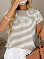 Women's Round Neck Pullover Two-tone Knit Short-sleeved Top