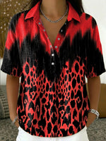 Women's Retro Color-block Leopard Print Casual Short-sleeve Cotton-linen Shirt With Polo Collar