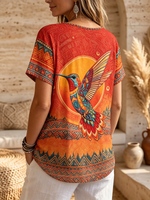 Retro Boho Hummingbird Print V-neck Cotton Top