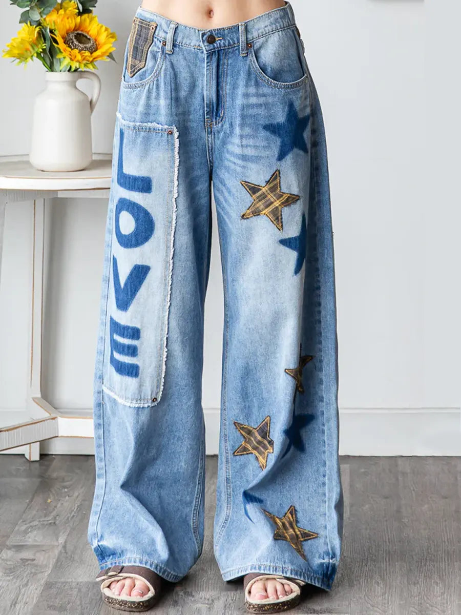 Women's Vintage Pattern Art Print Casual Cotton Denim Jeans