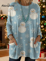 Women's Christmas Snowman Pattern Art Print Casual Cotton Knitted Sweater