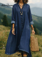 Casual Lace-trimmed V-neck Washed Denim Dress