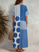 Loose-fitting Cotton Short-sleeve Dress Featuring Color-blocking, Polka Dots, And Stripes.