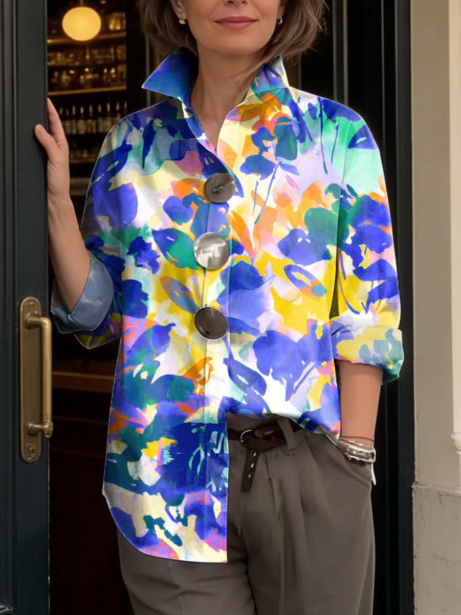 Women's Abstract Watercolor Floral Print Cotton Shirt — Lapel Collar, Long Sleeve, Casual Loose Fit