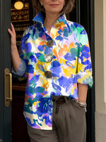 Women's Abstract Watercolor Floral Print Cotton Shirt — Lapel Collar, Long Sleeve, Casual Loose Fit