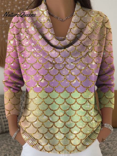 Women's Geometric Color Splicing Print Cowl Neck Sweater