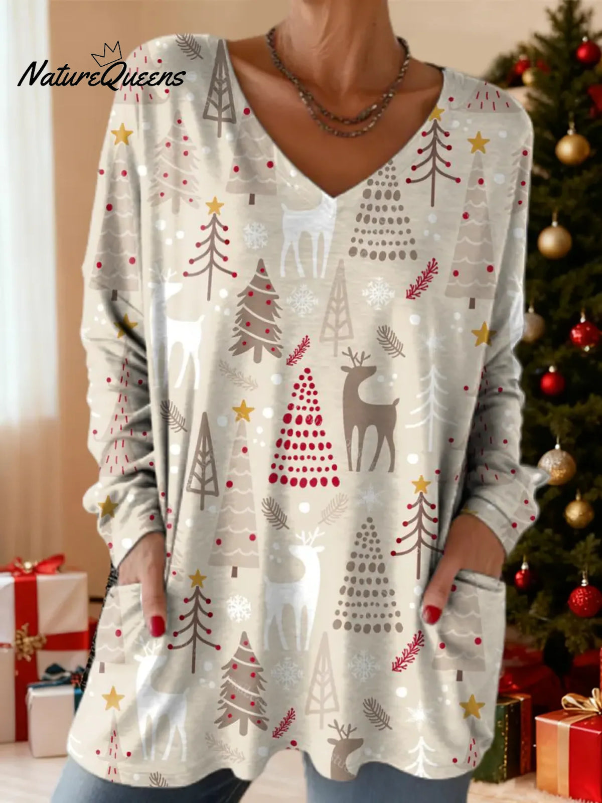 Women's Christmas Tree Pattern Art Print Casual Cotton T-shirt