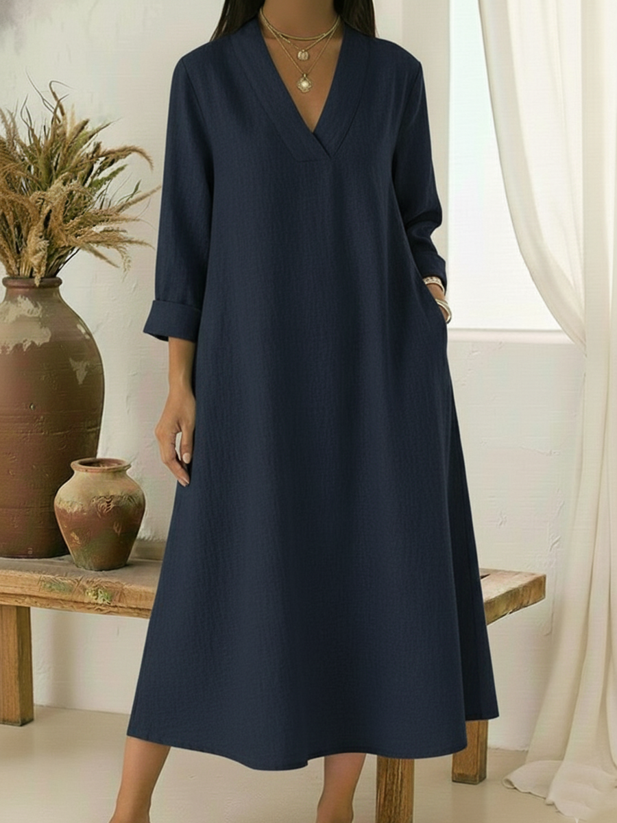 Casual V-neck Cotton And Linen A-line Dress
