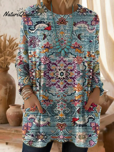 Women's Floral Pattern Art Print Casual Cotton Knitted Sweater