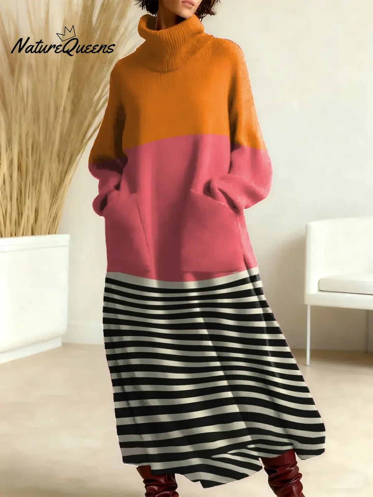 Women's Abstract Geometry Pattern Art Print Casual Cotton Knitted Dress