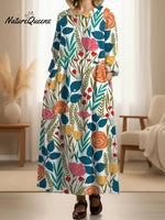 Women's Pleated RetroFloral Patterns Print Doll Collar Casual Long-sleeved Dress