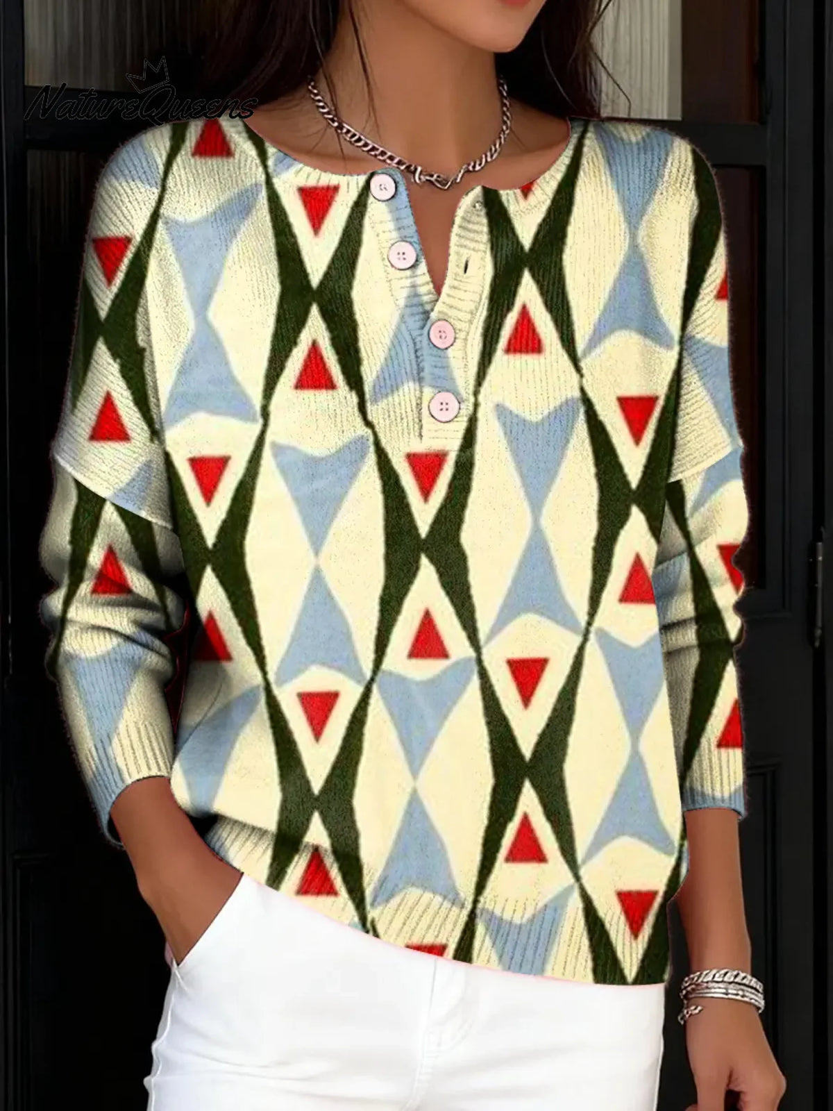 Women's Vintage Abstract Geometry Art Print Buttoned Cardigan Sweater