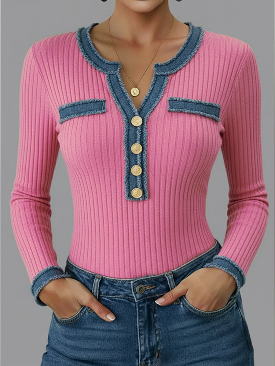 Casual Patchwork Denim Webbing Knit Top