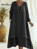 Elegant V-neck Double-layered Hem Denim Dress