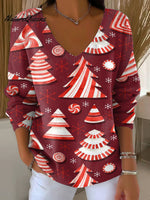Women's Christmas Decoration Patterns Casual V Collar Long Sleeve Sweater