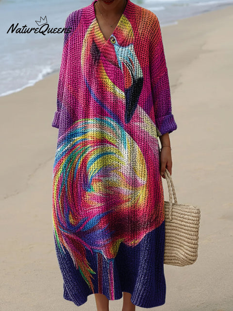 Vibrant Flamingo Decorative Pattern Women's Casual V-collar Long Sleeve Dress