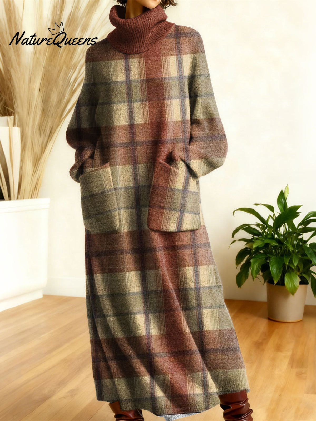 Women's Retro Colors And Plaid Patterns Art High-neck Long-sleeve Casual Loose Knit Dress