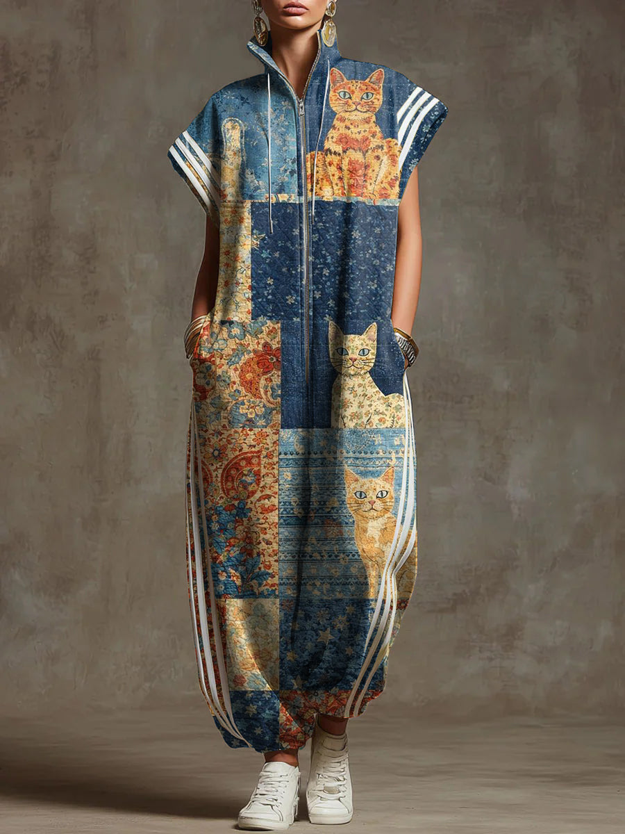 Women's Denim Patchwork Cat Pattern Print Stand-collar Short-sleeved Casual Loose Cotton Wide-leg Jumpsuit