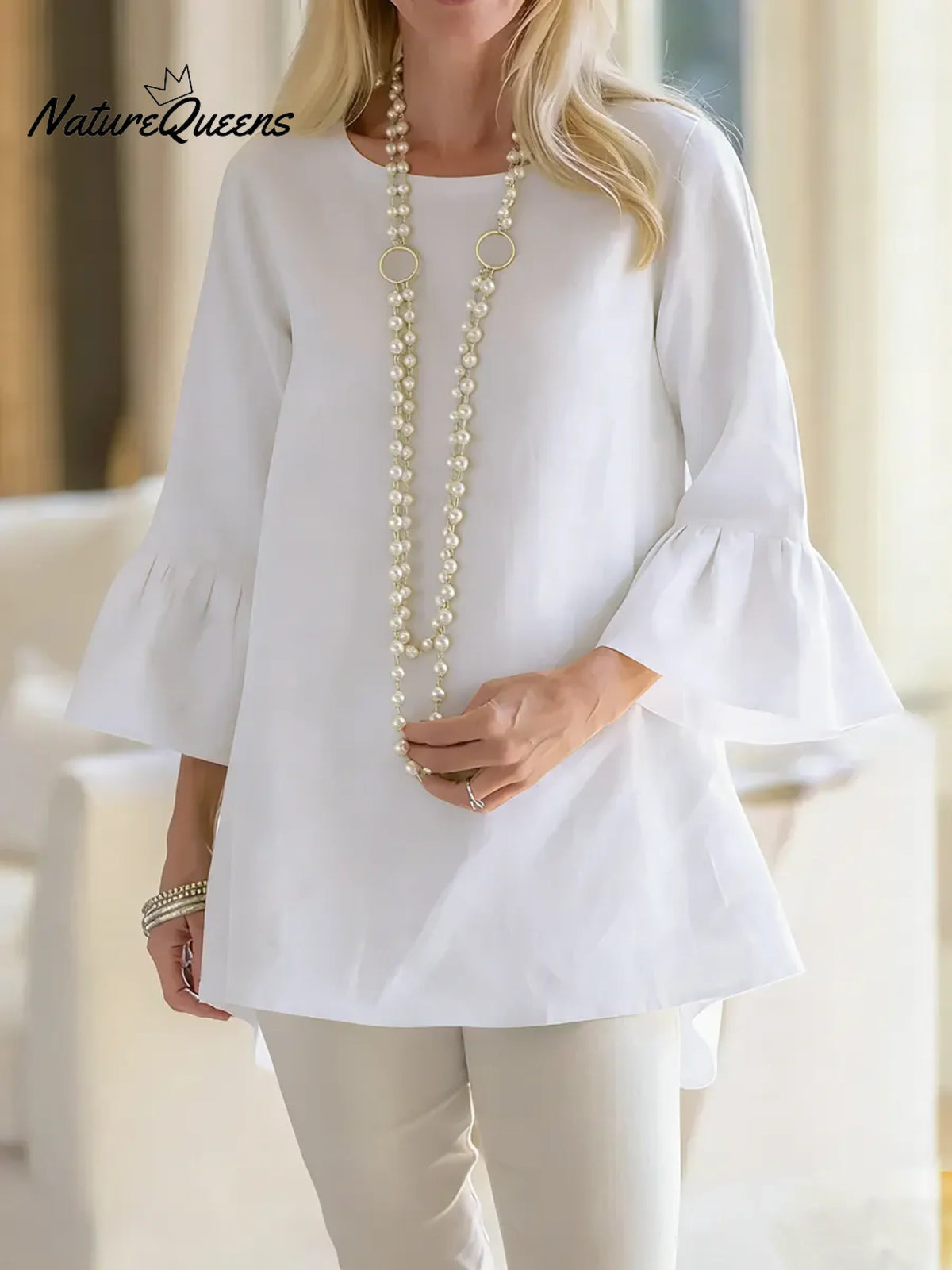 Women's Solid Color Round Neck Three-quarter Sleeve Casual Loose Cotton And Linen Top