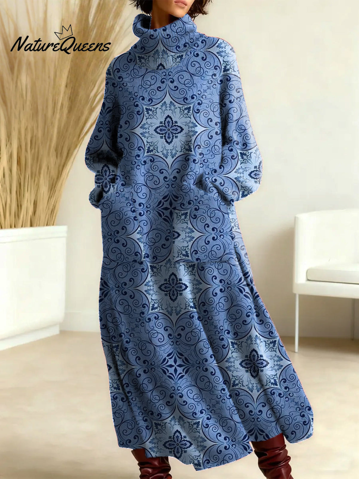 Women's Vintage Symmetrical Flowers Pattern Art Print Casual Cotton Knitted Dress