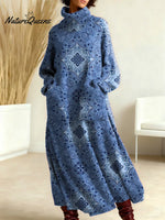 Women's Vintage Symmetrical Flowers Pattern Art Print Casual Cotton Knitted Dress