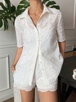 Embroidered Short-sleeved Collared Openwork Top And Shorts