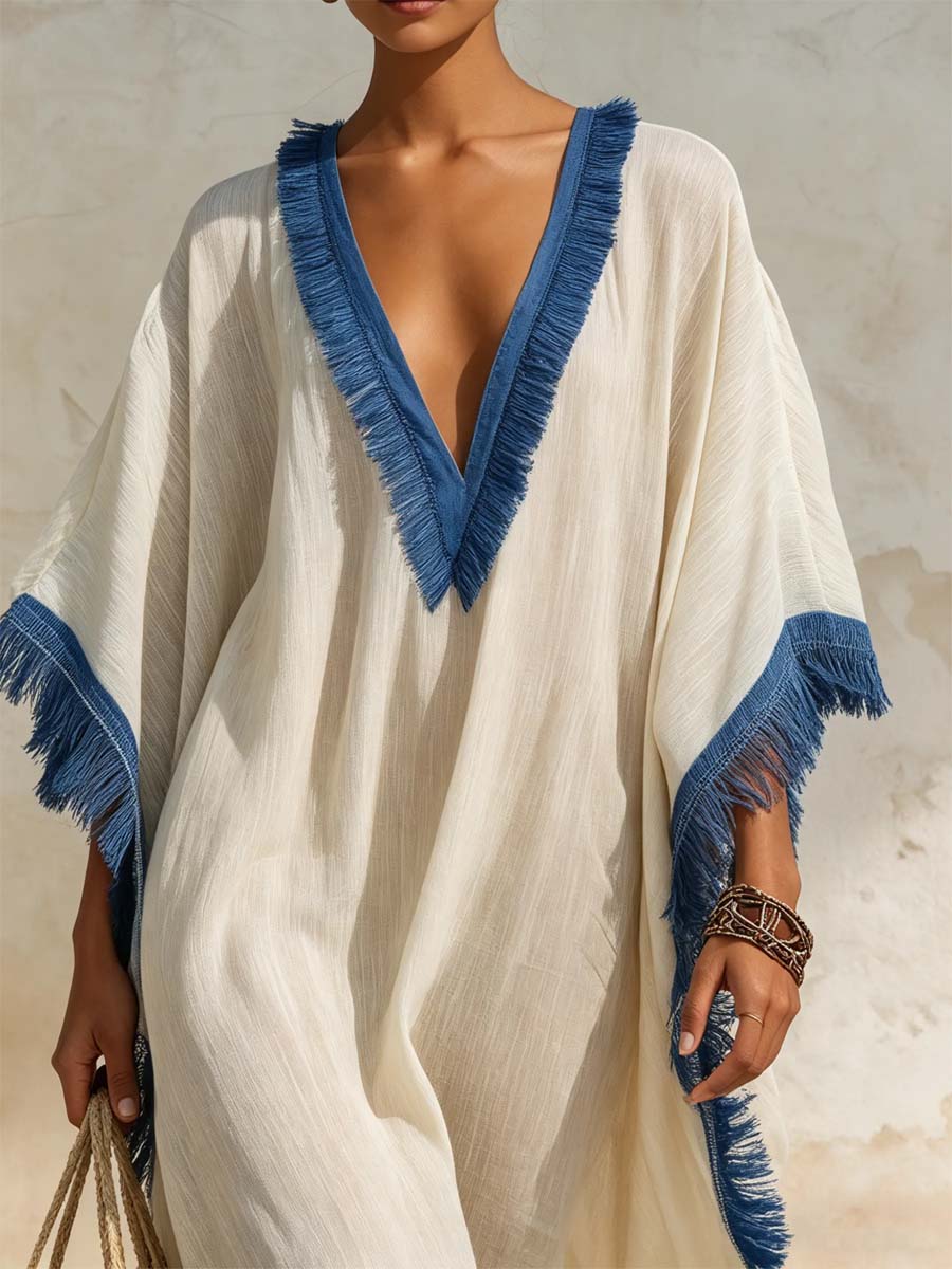 Women's Breathable Fringed Trim Art Casual Stylish Comfortable Cotton Linen Dress