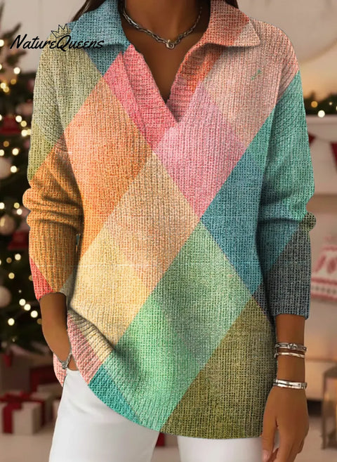 Dreamy Colorful Plaid Print Lapel Casual Knit Sweater