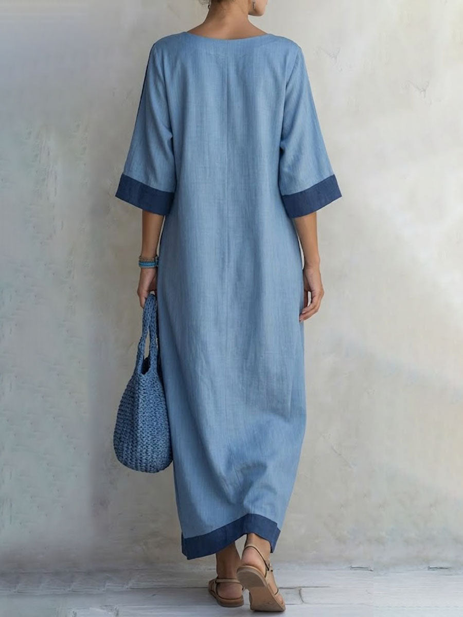 Minimalist Color-blocked Casual Cotton Long Dress