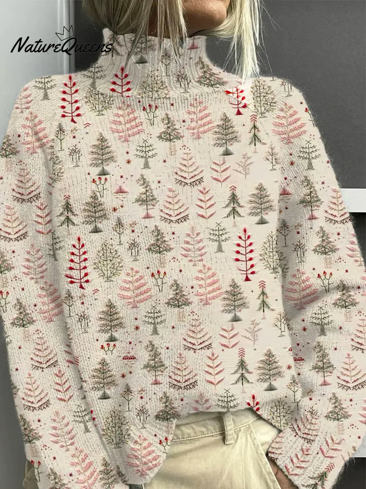 Women's Christmas Tree Art Print Casual Turtleneck Sweater