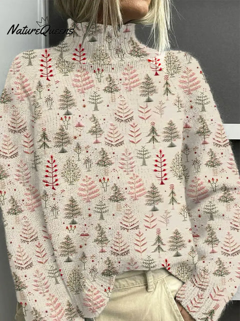 Women's Christmas Tree Art Print Casual Turtleneck Sweater