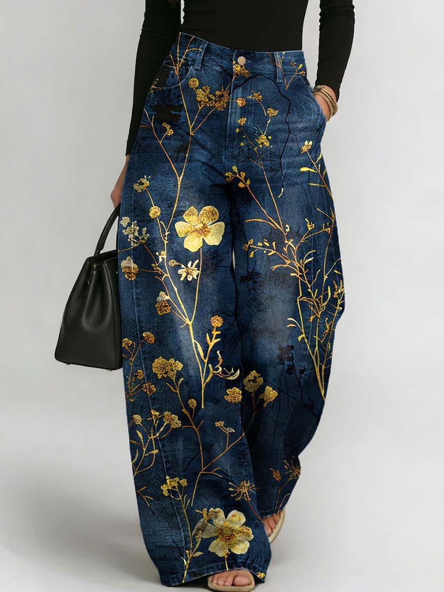 Women's Floral Pattern Art Print Casual Stylish Denim Pants