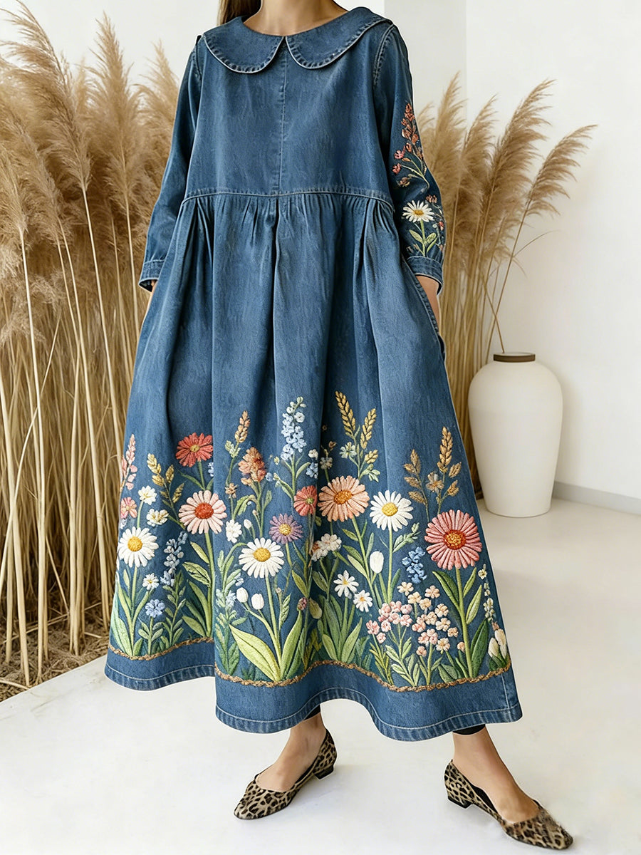 Women's Floral Art Print Peter Pan Collar Long-sleeved Loose Casual Denim Dress