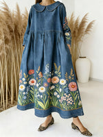 Women's Floral Art Print Peter Pan Collar Long-sleeved Loose Casual Denim Dress
