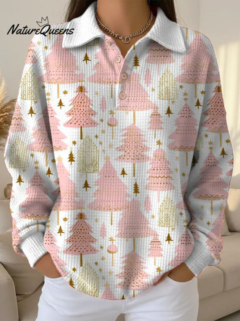 Women's Christmas Tree Pattern Art Print Casual Cotton Waffle Sweatshirt