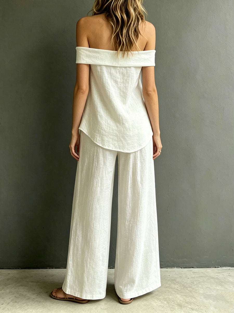 Women's Vintage Cotton-linen Off-shoulder Sleeveless Top And Trousers Set