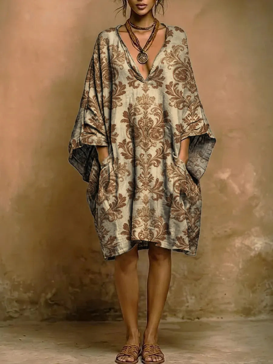 Women's Ethnic-style Vintage Pattern Print Short-sleeve Cotton-linen Dress