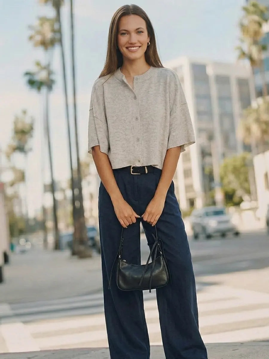 Women Grey Ribbed Crew Neck Half Button Knit Top, Drop Shoulder Short Sleeve Cropped Relax Fit Knit Cardigan Blouse